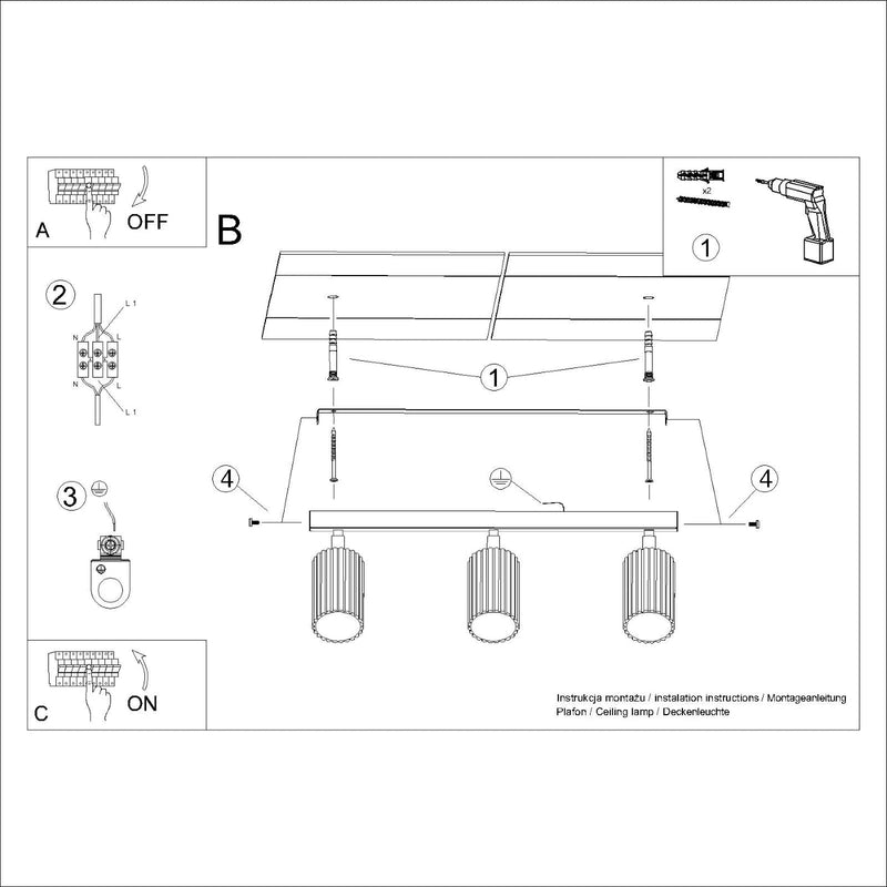 Plafond Karbon 3L Olivgrün Längliche Deckenlampe Mit 3 Spots-Leuchtezauber