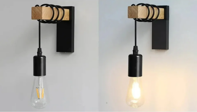RetroLume – Vintage LED Wandlampe aus Holz & Eisen mit E27 | Industrial & Loft Stil-Leuchtezauber
