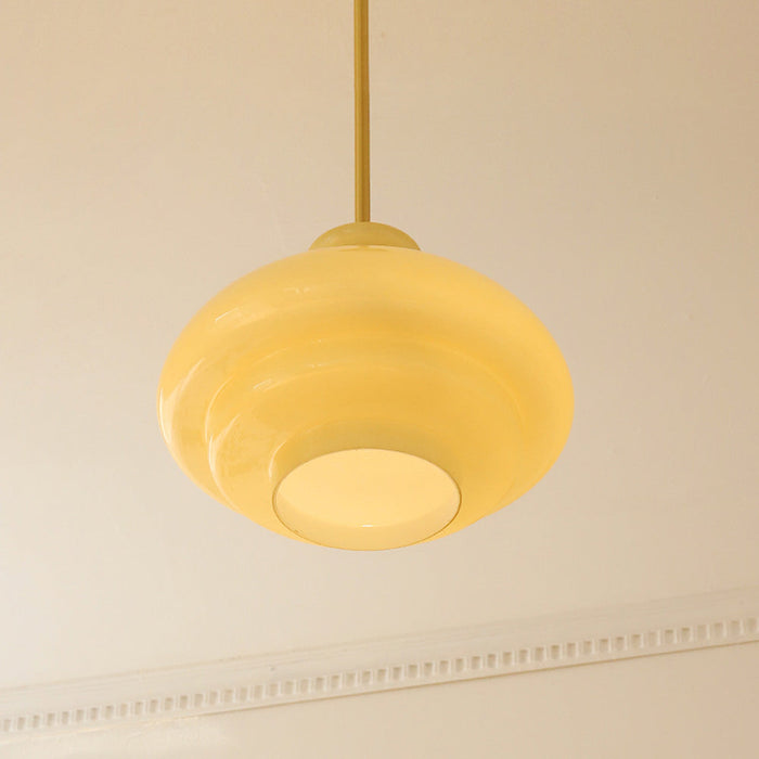 Bauhaus-Hängelampe aus cremegelbem Glas-Leuchtezauber
