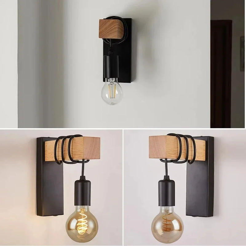 RetroLume – Vintage LED Wandlampe aus Holz & Eisen mit E27 | Industrial & Loft Stil-Leuchtezauber