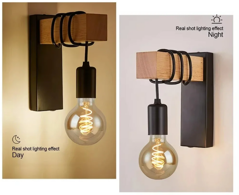 RetroLume – Vintage LED Wandlampe aus Holz & Eisen mit E27 | Industrial & Loft Stil-Leuchtezauber